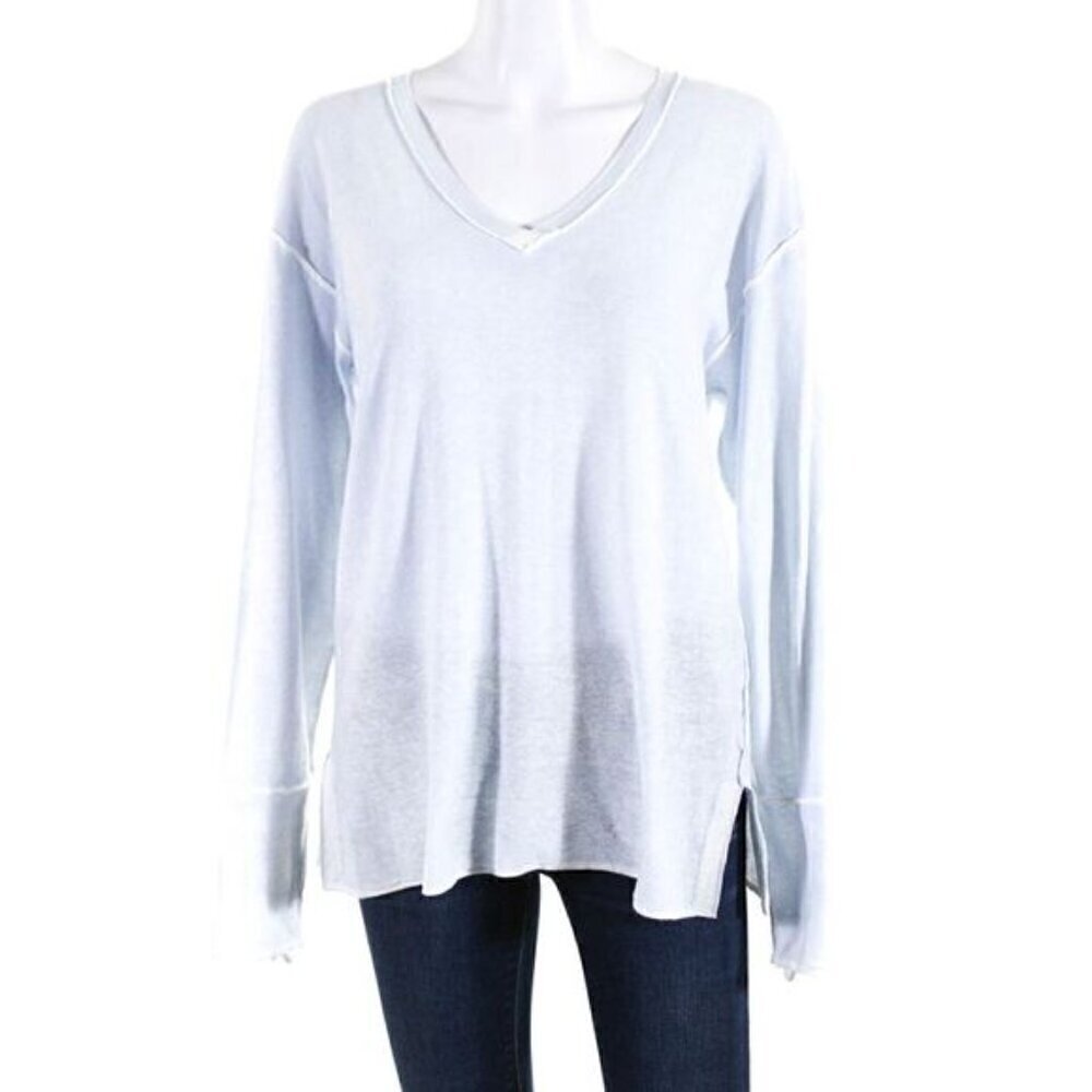 Ecru Womens Cotton Knit V-Neck Long Sleeve Sweater Top Light Blue Size xs